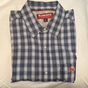 Simms Men’s Large Blue Plaid Short-Sleeve Snap Fishing Shirt - Vented